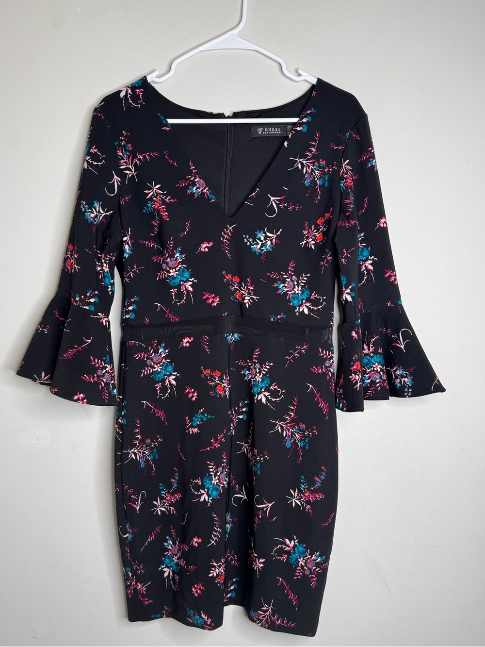 Guess Black Floral V-Neck Dress with Bell Sleeves